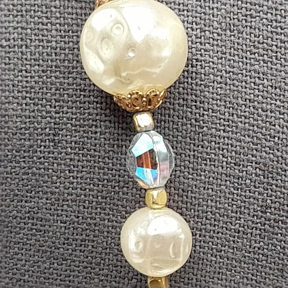 Vintage Faux Pearl Tassel Necklace, Aurora Borealis Crystals, 26